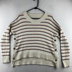 Madewell Sweater Womens XS Beige Birchmont Side-Button Striped Knit Pullover